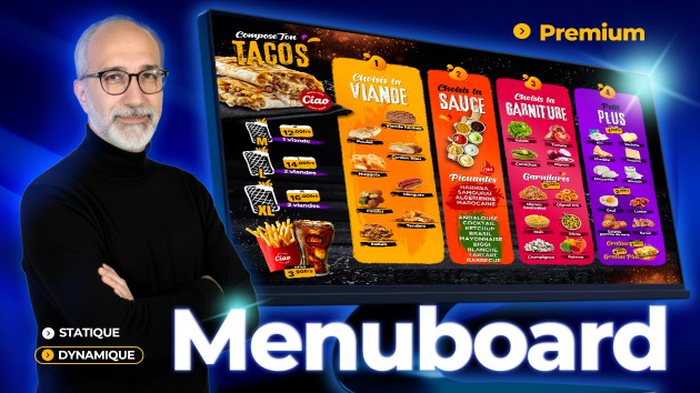 Je vais créer votre menuboard animé ou statique menu écran restaurant ...