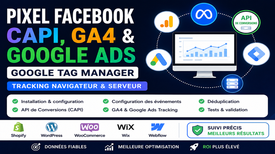 Je vais configurer Facebook Pixel, CAPI, GA4, Google Ads, GTM et le ...