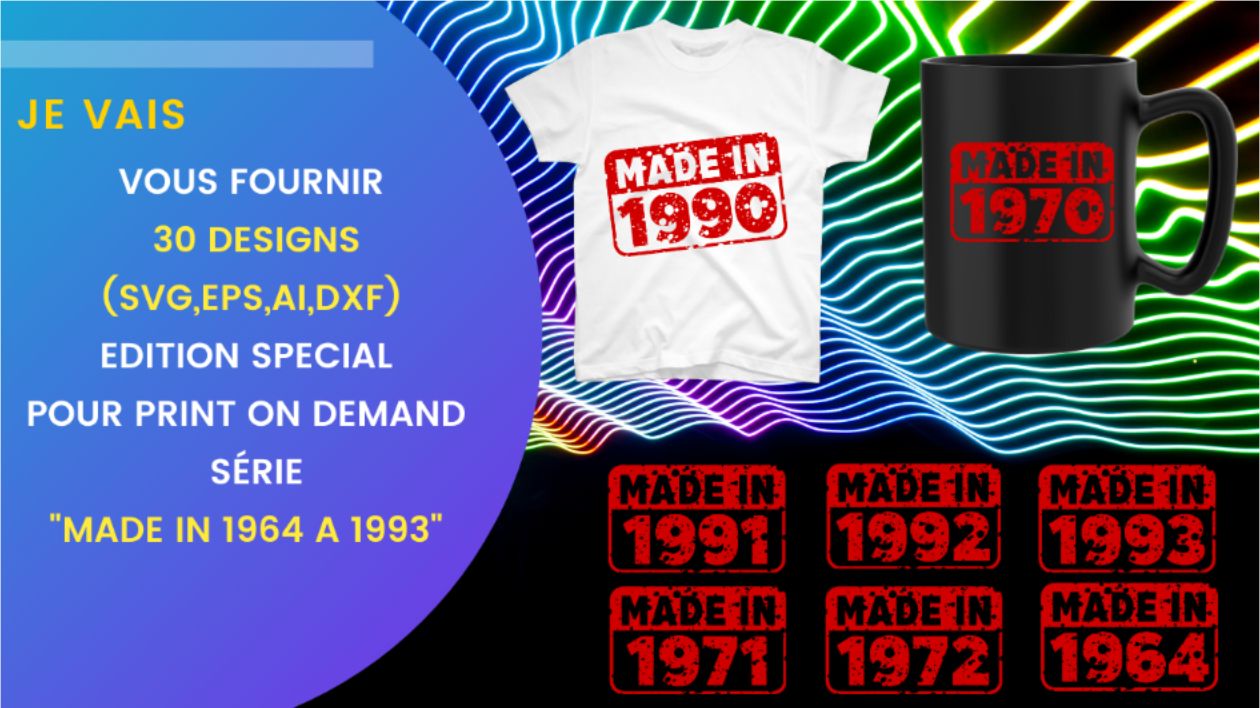 Je vais vous fournir 30 designs (SVG,EPS,Ai,DXF)   "MADE IN 1964 A 1993"