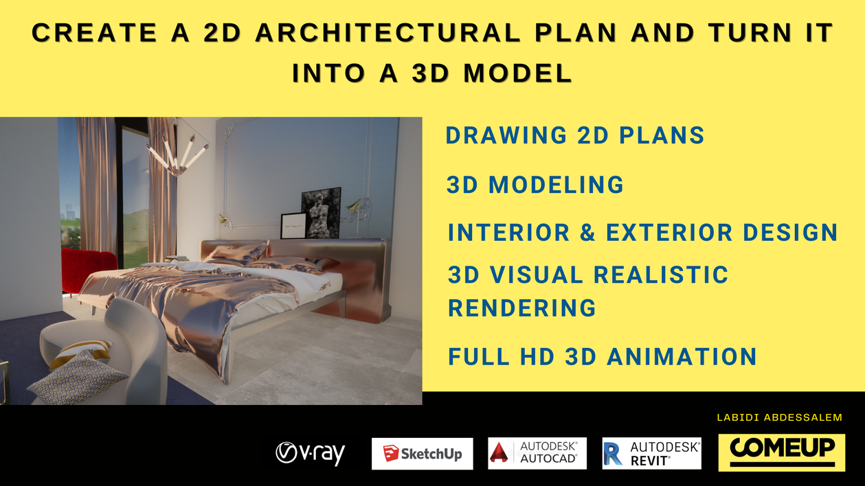 I will create a 2D architectural plan and turn it into a 3D model
