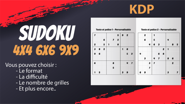 Je vais créer 2 livres format PDF de puzzles Sudoku 9x9, 6x6 ou 4x4 prêt à l'emploi pour Amazon KDP